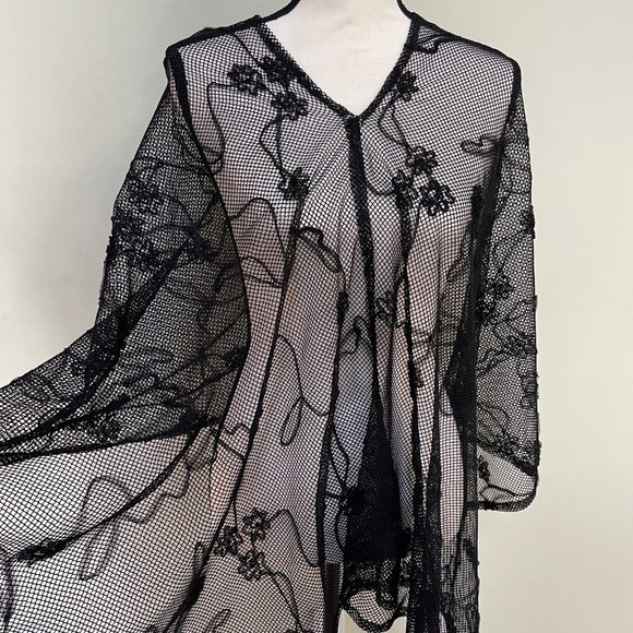 Women's Kimono Top Beach Cover Up V Neck Sheer Fishnet Mesh Black One Size - Picture 11 of 12